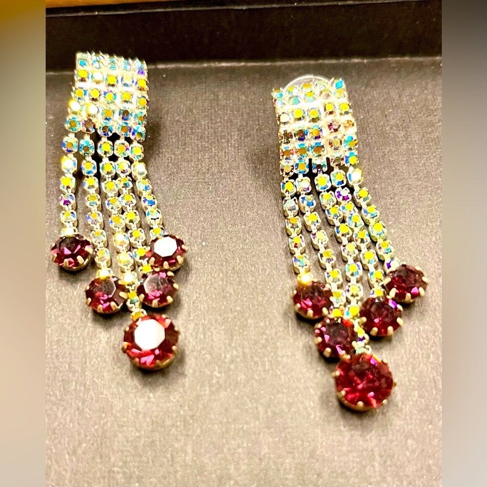 Vintage Silver Ruby Red AB Crystal Waterfall Fringe Dangle Pierced Earrings Chic